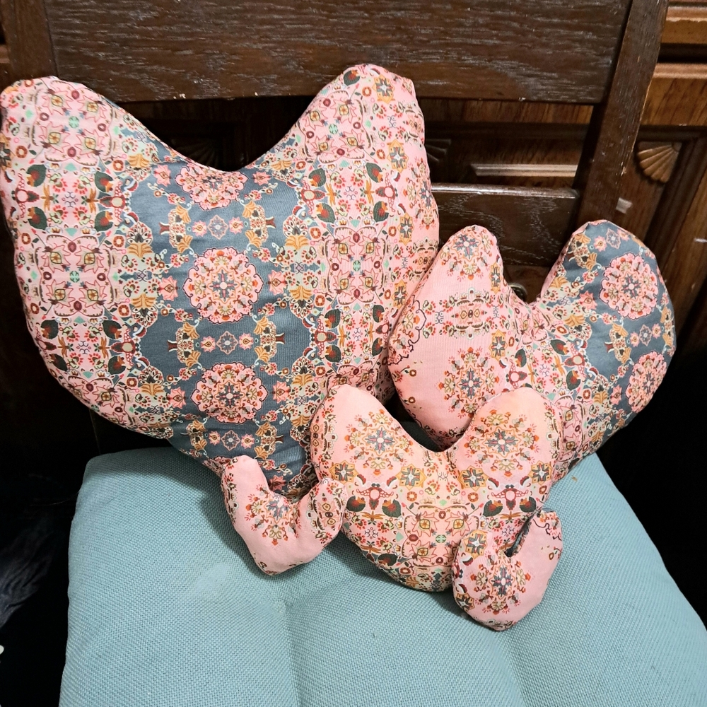 (5) Floral Patterned Heart-Shaped Pillows Largest One 14X10" Handmade
